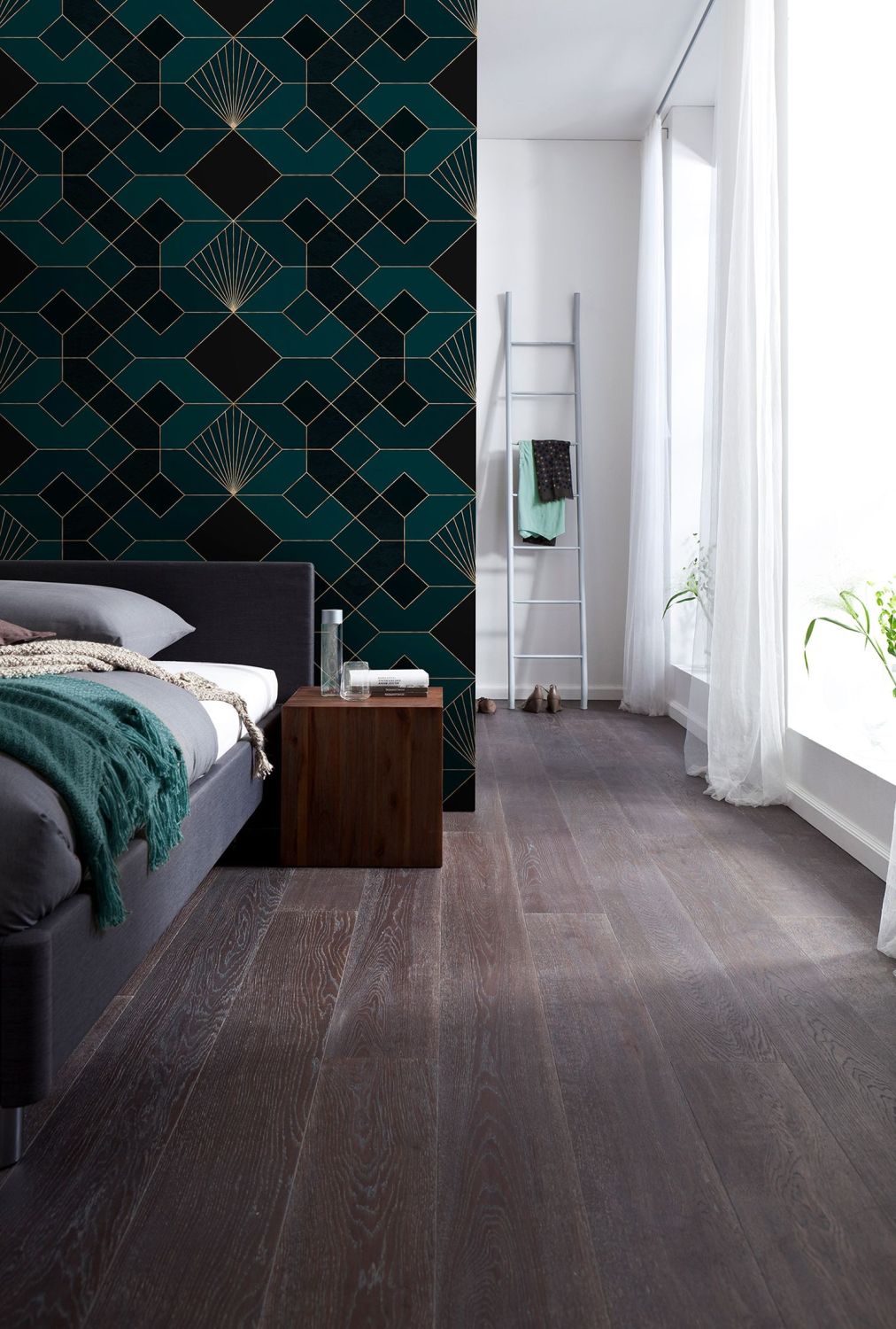 Sanders & Sanders fotobehang art deco motief petrolgroen en goud - 300 x 280 cm - 611846
