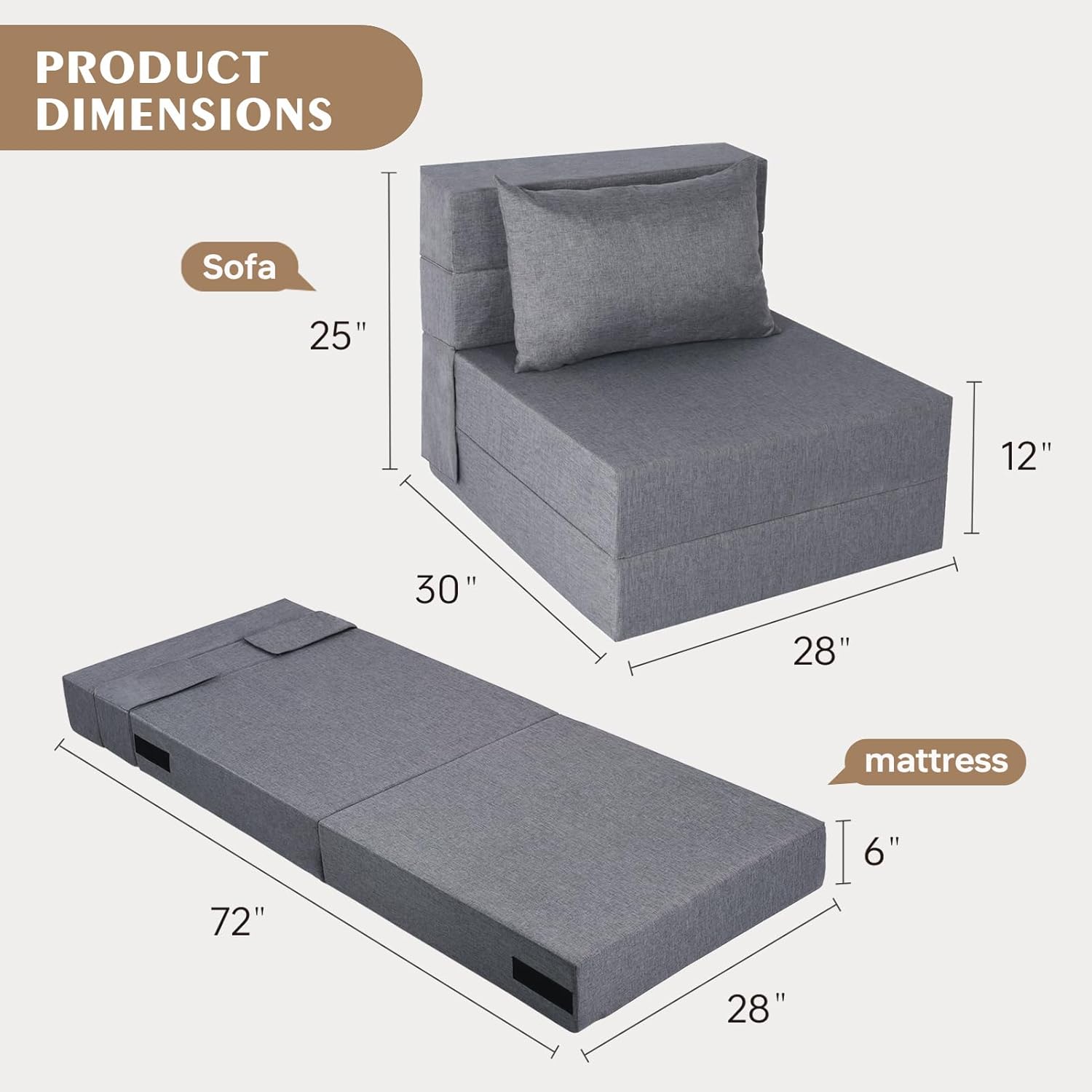 Fvkind Folding Sofa Bed, Convertible Futon Sofa Bed with Pillow, Fold Out Couch with Washable Cover, Foldable Sleeper Chair for Living Room, Dorm, Guest Room, Single Size, Light Grey