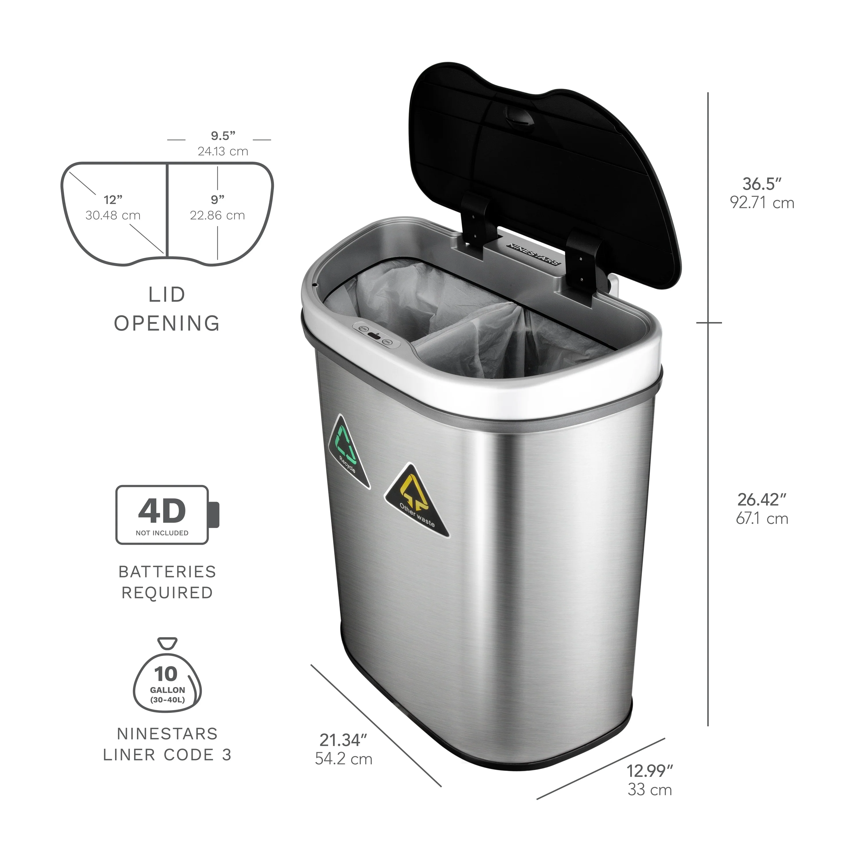 NINESTARS 18 Gallon Dual Compartment Motion Sensor Trash Can DZT-70-11R