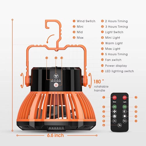 NNETM 2-in-1 Rechargeable USB Tent Ceiling Fan with LED Light - Orange