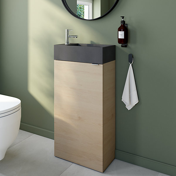 Meuble lave-mains effet chêne l.44 cm Imandra   plan vasque béton gris, GoodHome