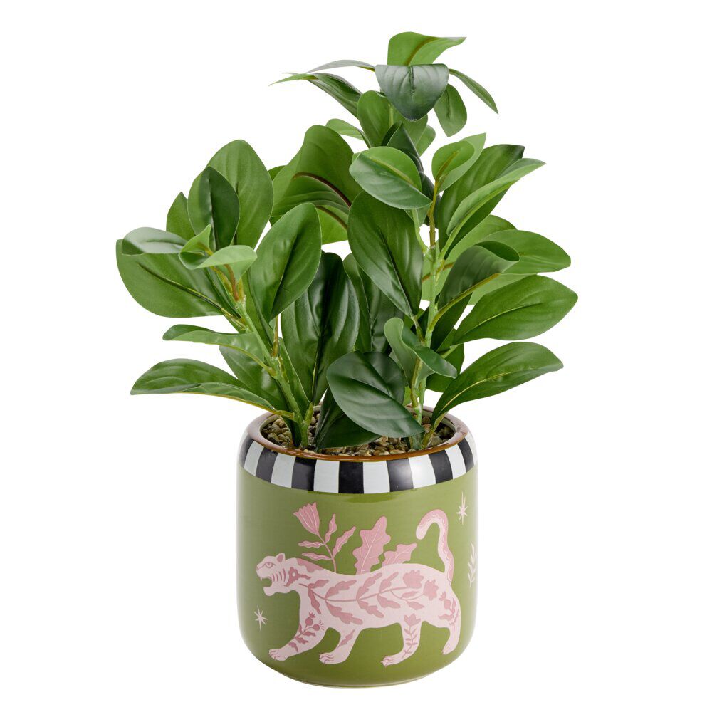 Plante verte artificielle dans pot céramique Indie à motifs Ø14xH25cm (2 modèles)