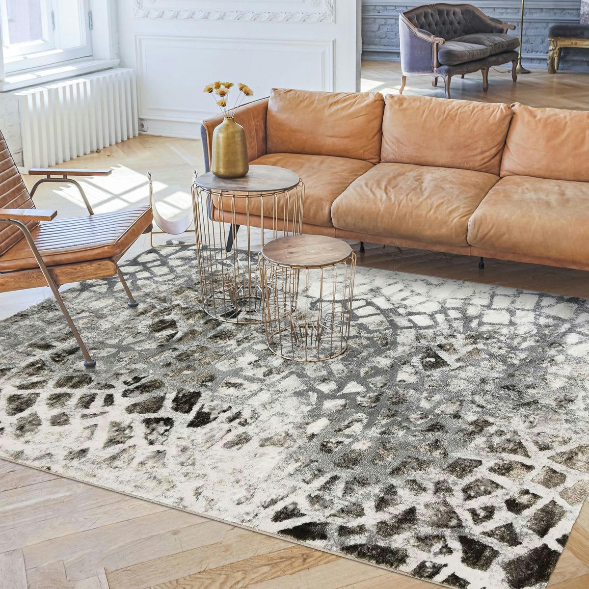 BORGES - Tapis graphique effet céramique gris 160x230