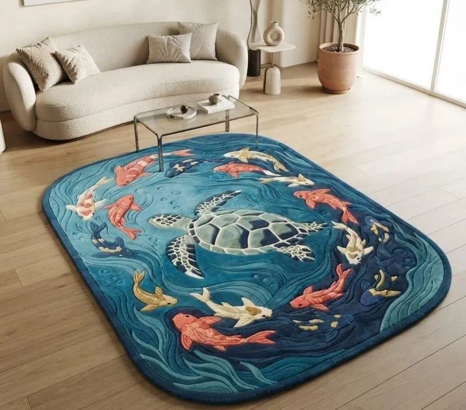 Hand Tufted Koi Pond Turtle Rug, Ocean Fish Wool Area Rug, Coastal Decor