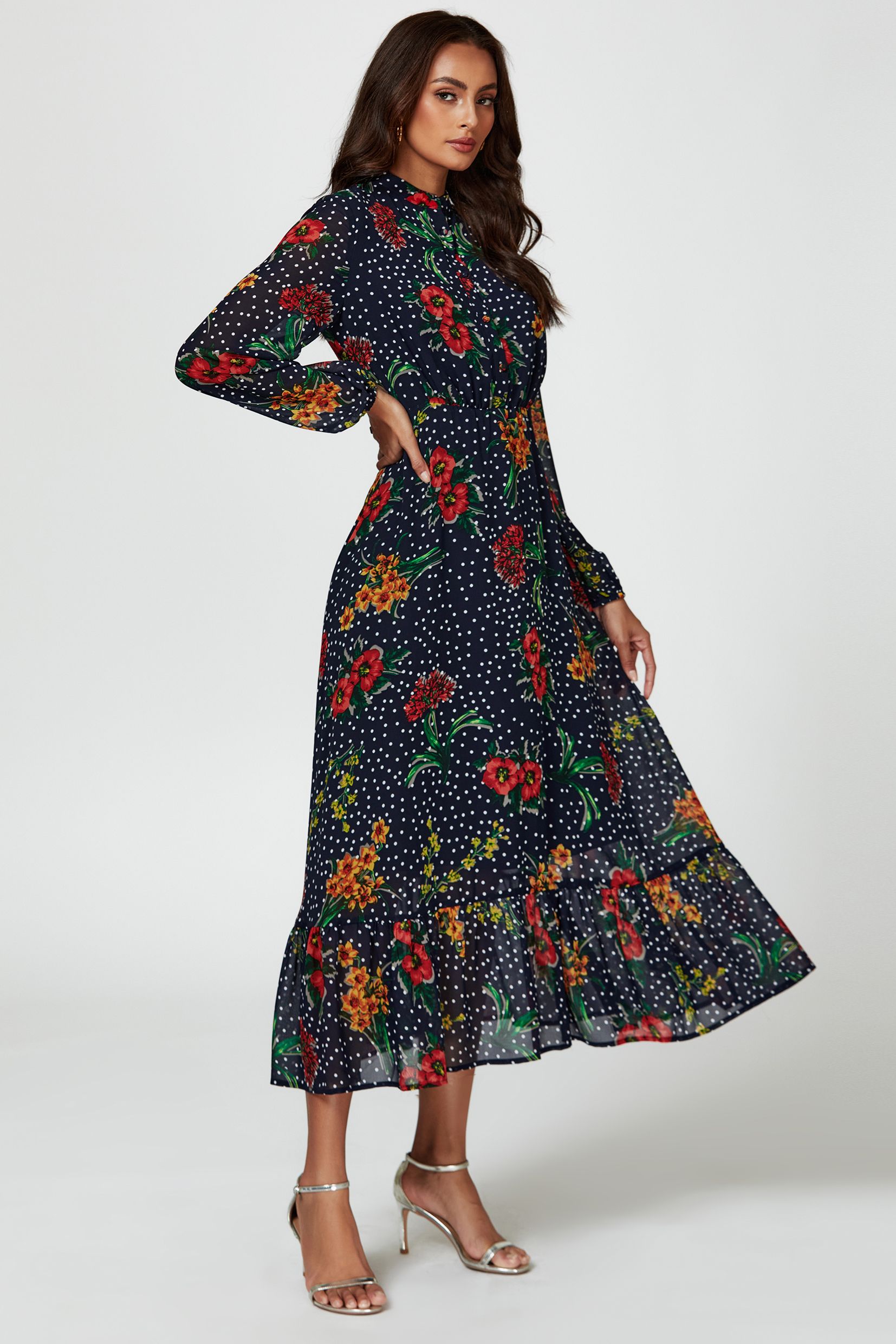 FS Collection Floral Dot Print Maxi Dress In Black