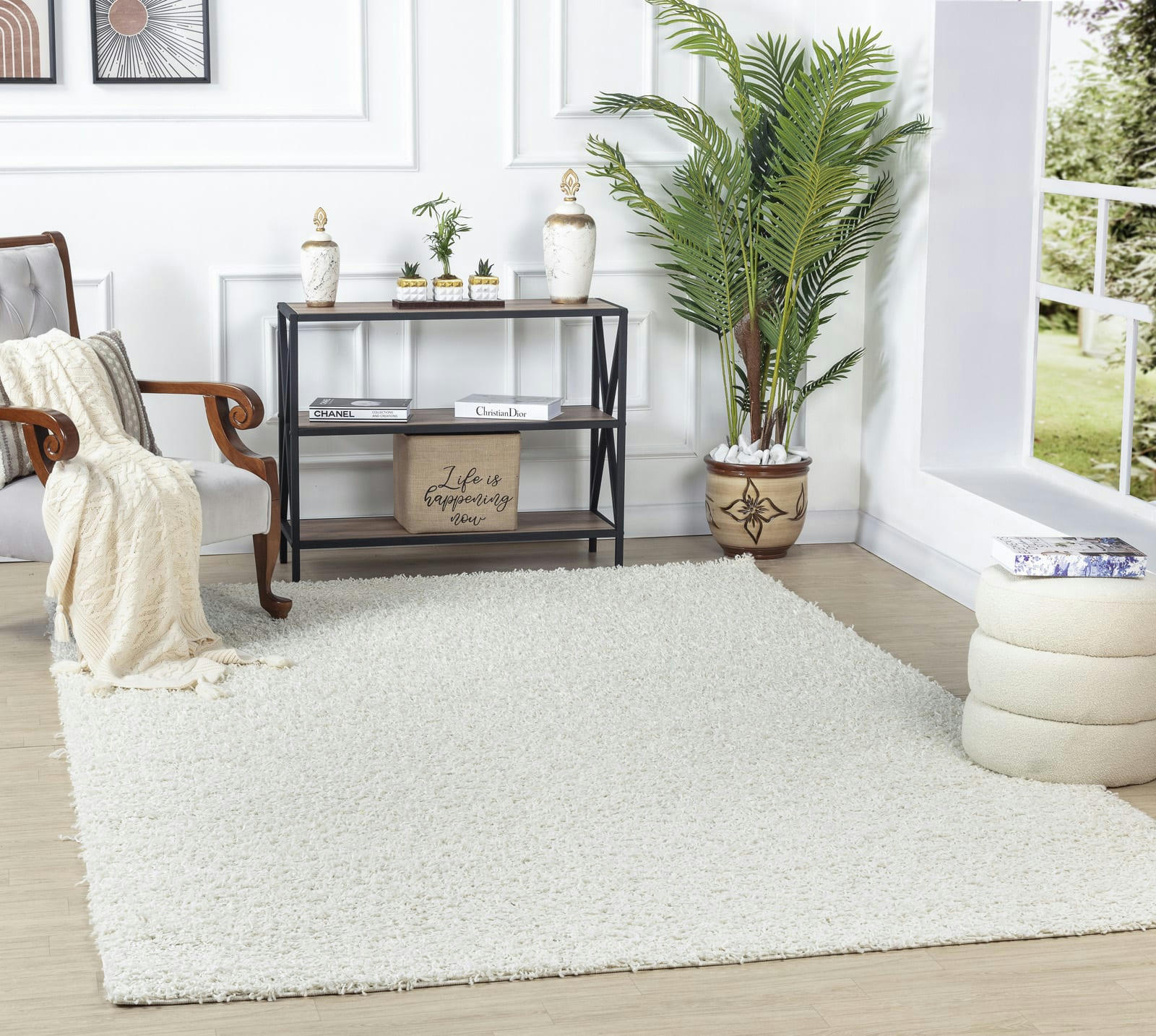 LILLY - Tapis Shaggy Uni Chic Blanc 120x170