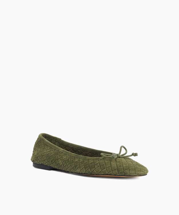 Heat Dark green suede - Woven Leather Bow Detail Ballet Pumps
