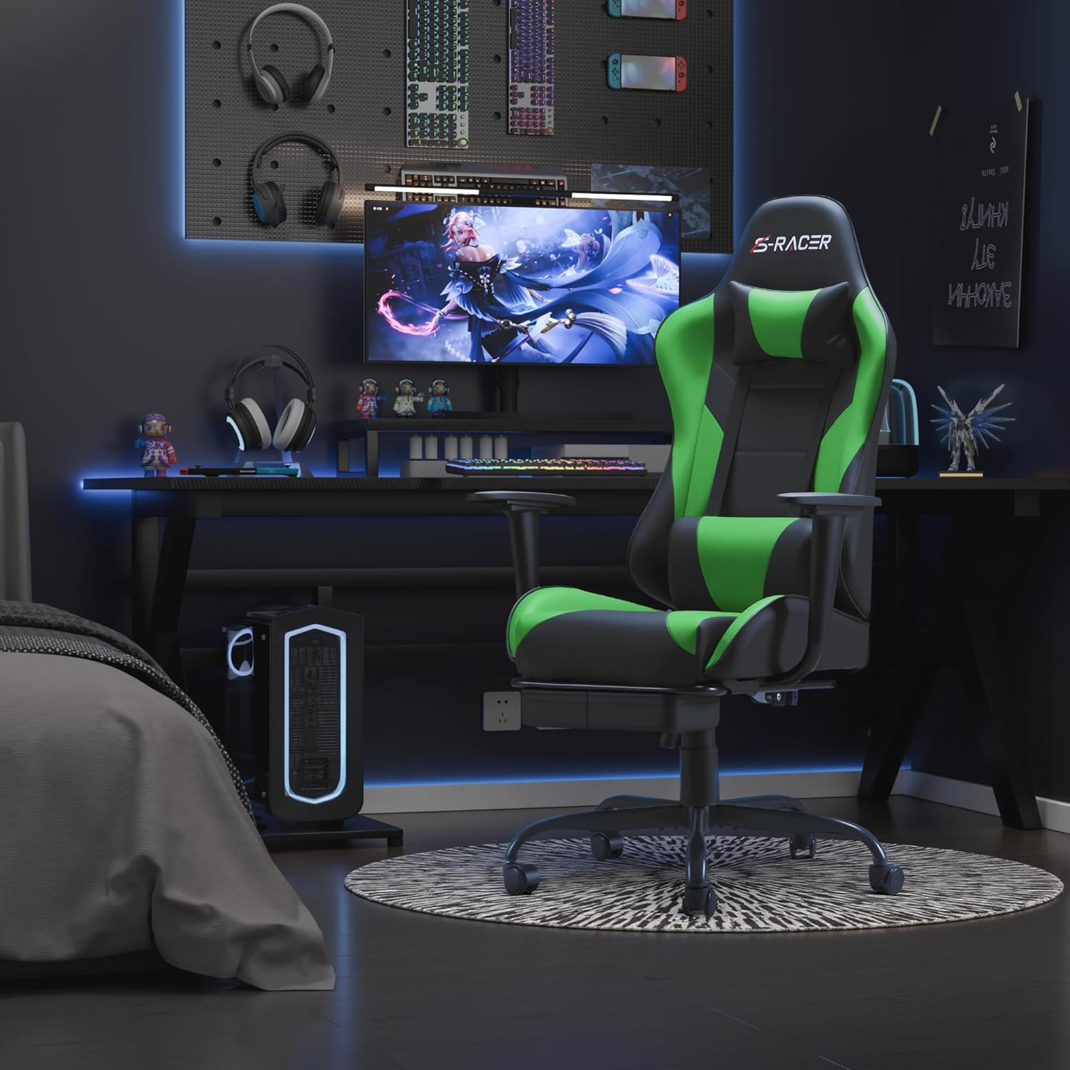 Homall Gaming Chairs, Computer Chair with Footrest and Massage Lumbar Support, Height Adjustable Game Chair with Headrest and Swivel Seat (Light Green)