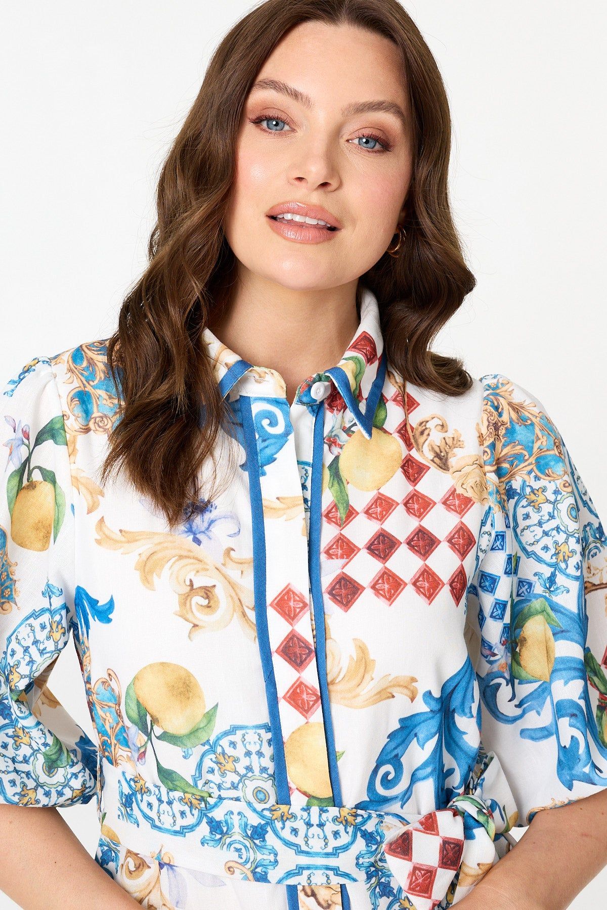 Izabel London Printed 1/2 Puff Sleeve Shirt Midi Dress