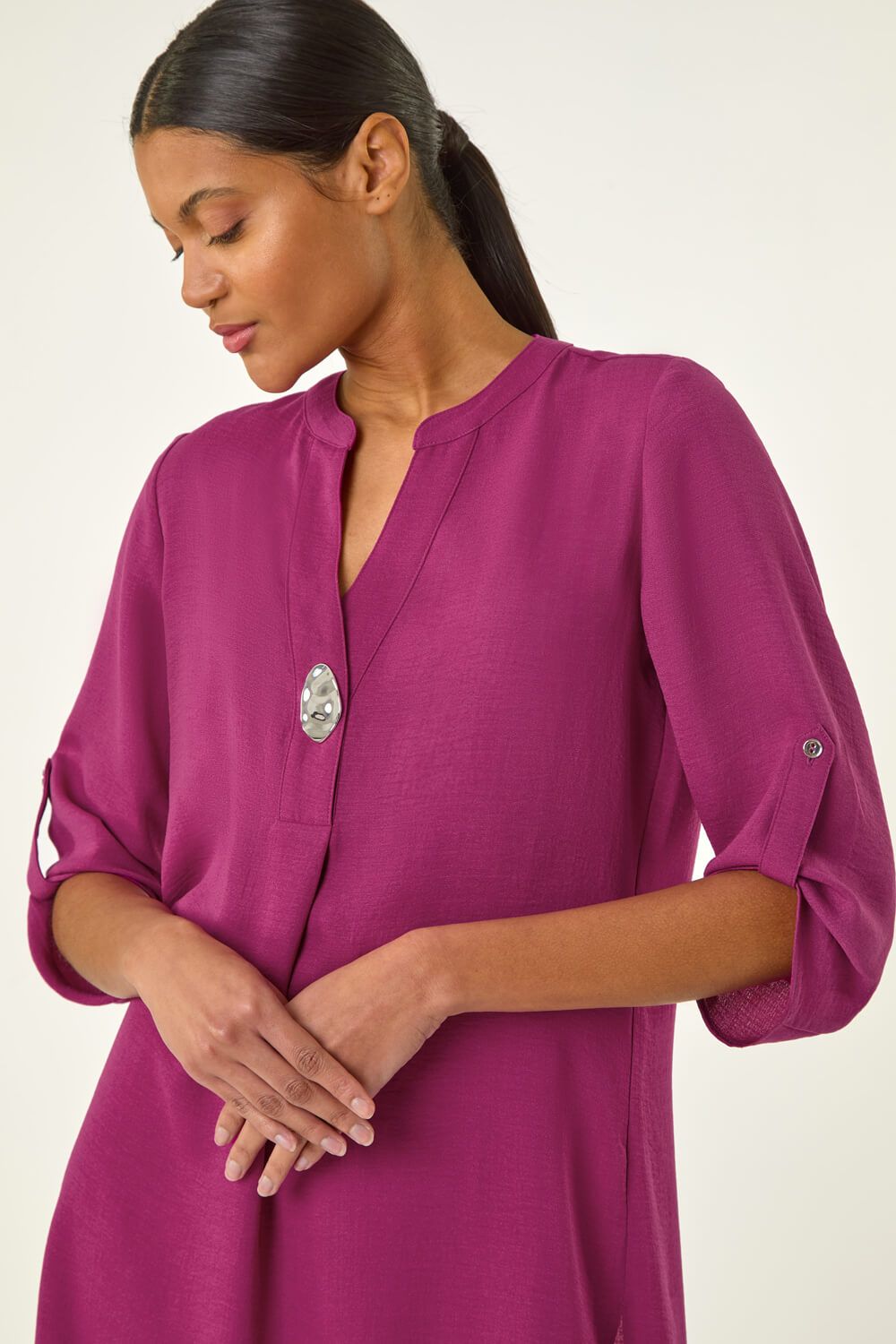 Roman Button Detail V-Neck Longline Tunic Blouse