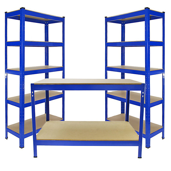 Monster Racking 2 x Rayonnage T-Rax 90cm Bleu &Etabli de Travail Q-Rax Bleu 120 cm