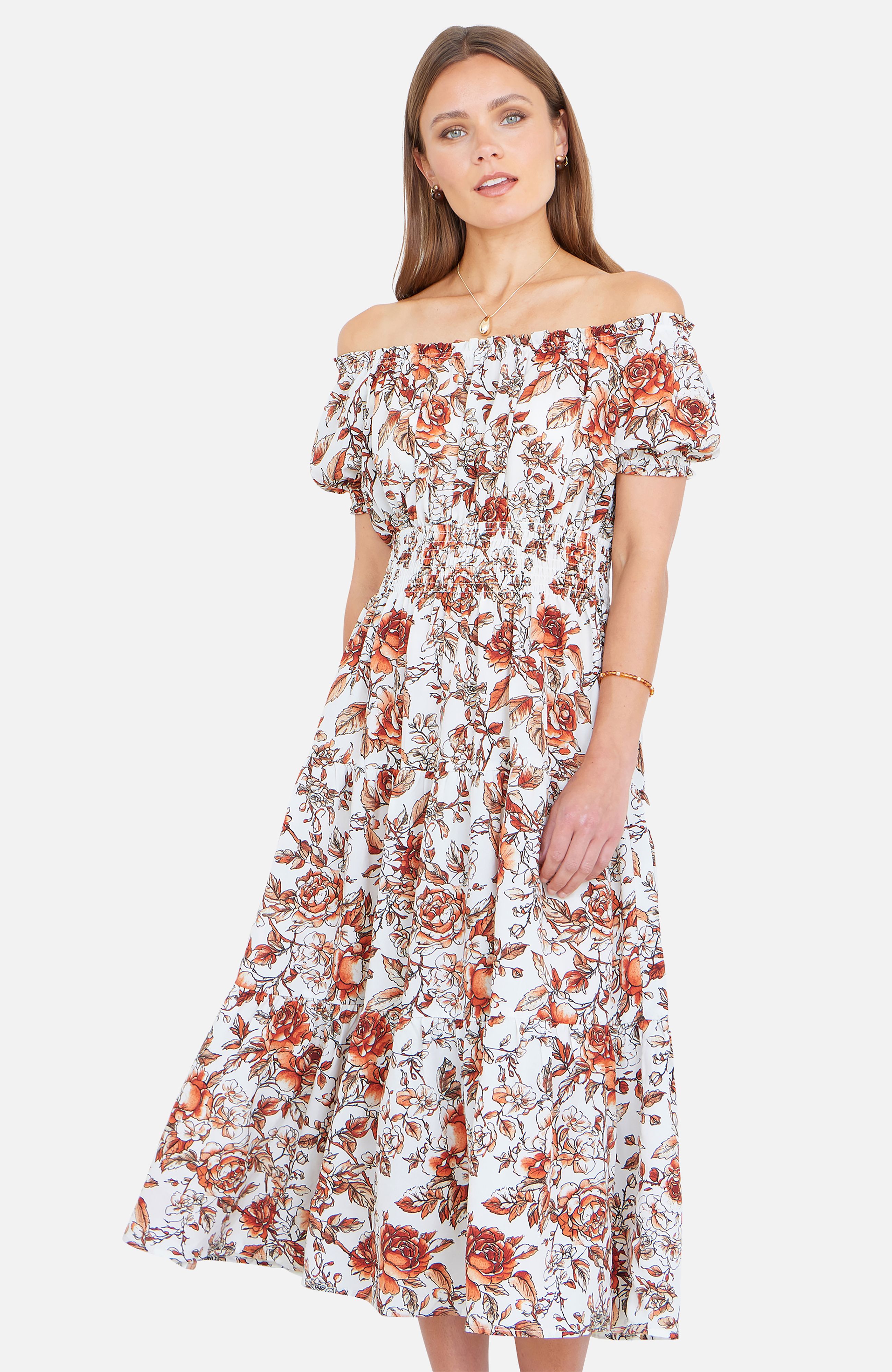 Yumi Orange Floral Ruched Waist Midi Dress