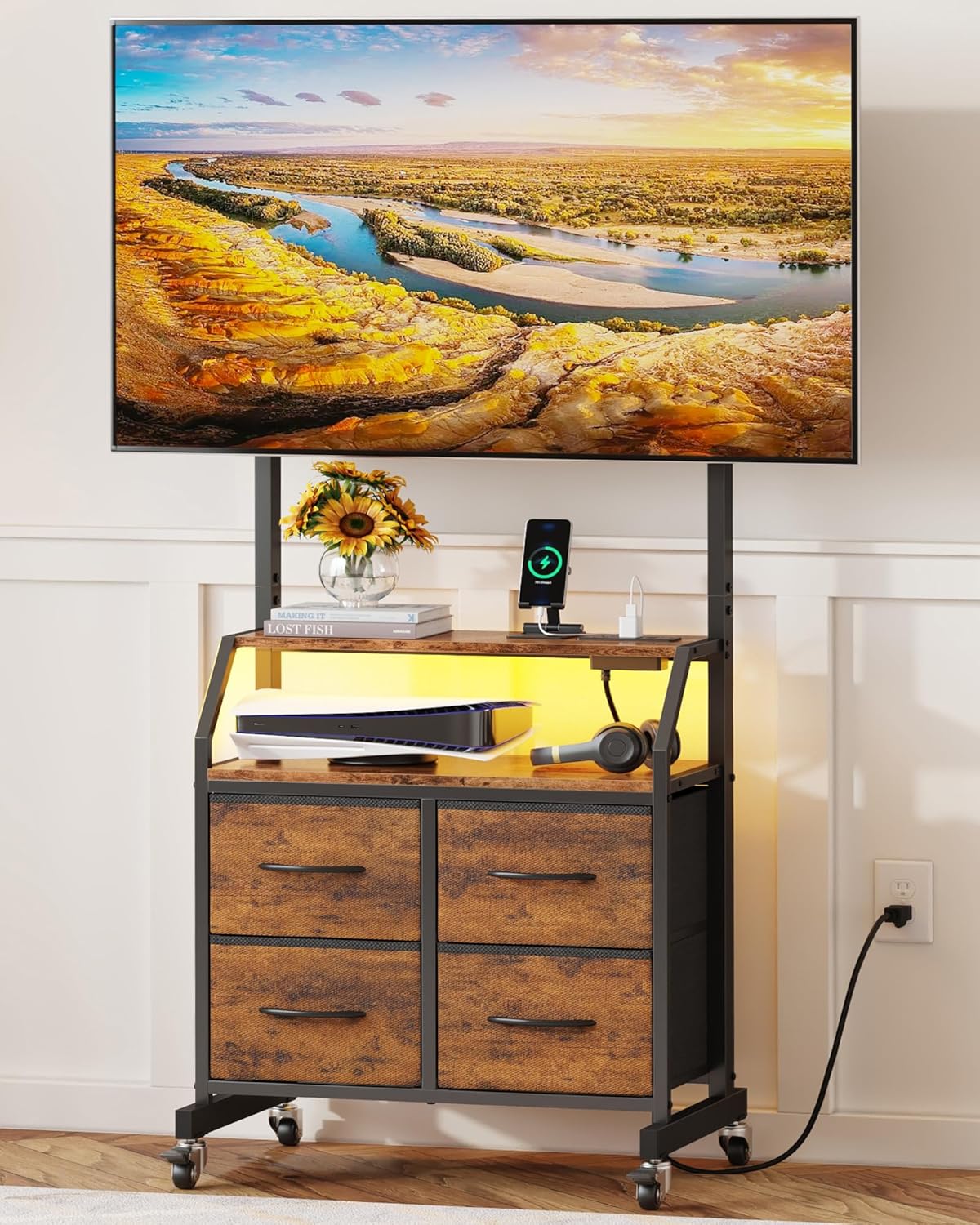 Rolling TV Stand with Mount & 4 Fabric Drawers - TV Stand with Wheels for 32-75 TV, Entertainment Center & Console Table for Living Room or Bedroom, Modern Television Stand with Storage, Rustic Brown