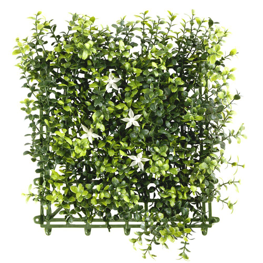 Carré végétal artificiel feuillage et fleurs blanches 25x25cm clipsable