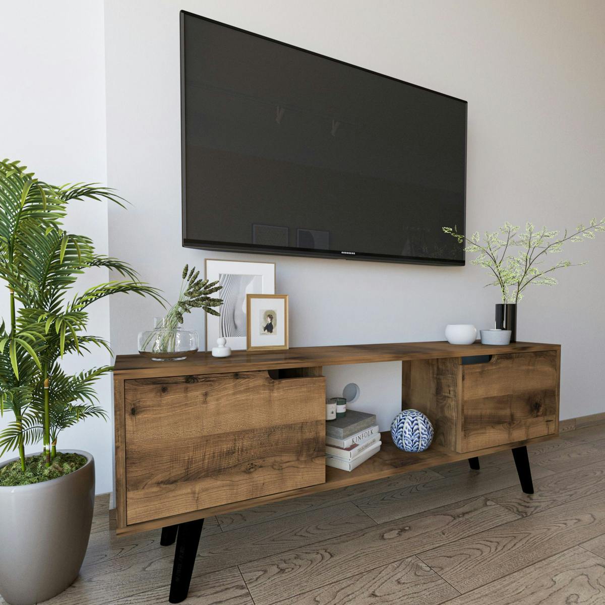 Petit meuble TV 2 portes effet bois foncé pieds noirs MARFA
