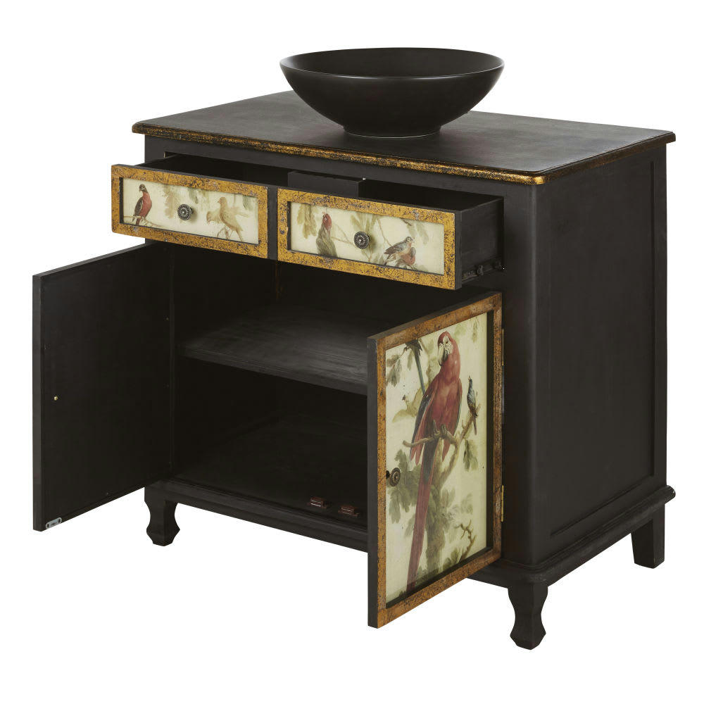 Perroquet - Meuble vasque de salle de bains 1 tiroir 2 portes en sapin noir et motifs perroquets