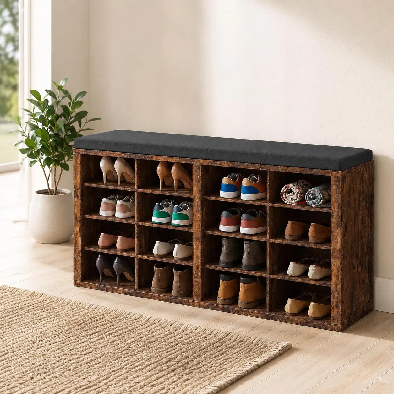 18-Cubby Shoe Storage Bench with Cushion, White Entryway Organizer Seat, Farmhouse Hallway Shoe Rack for Bedroom or Mudroom
