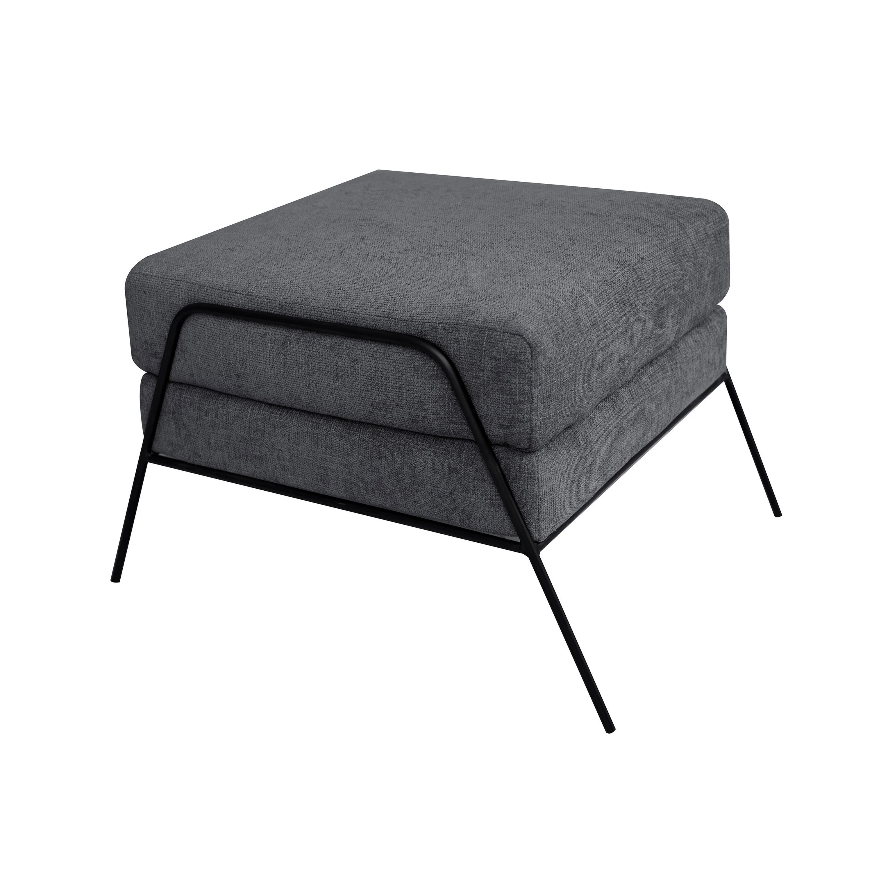 Tyna Ottoman, 27 Inch, Industrial Style Black Iron Legs, Gray Polyester
