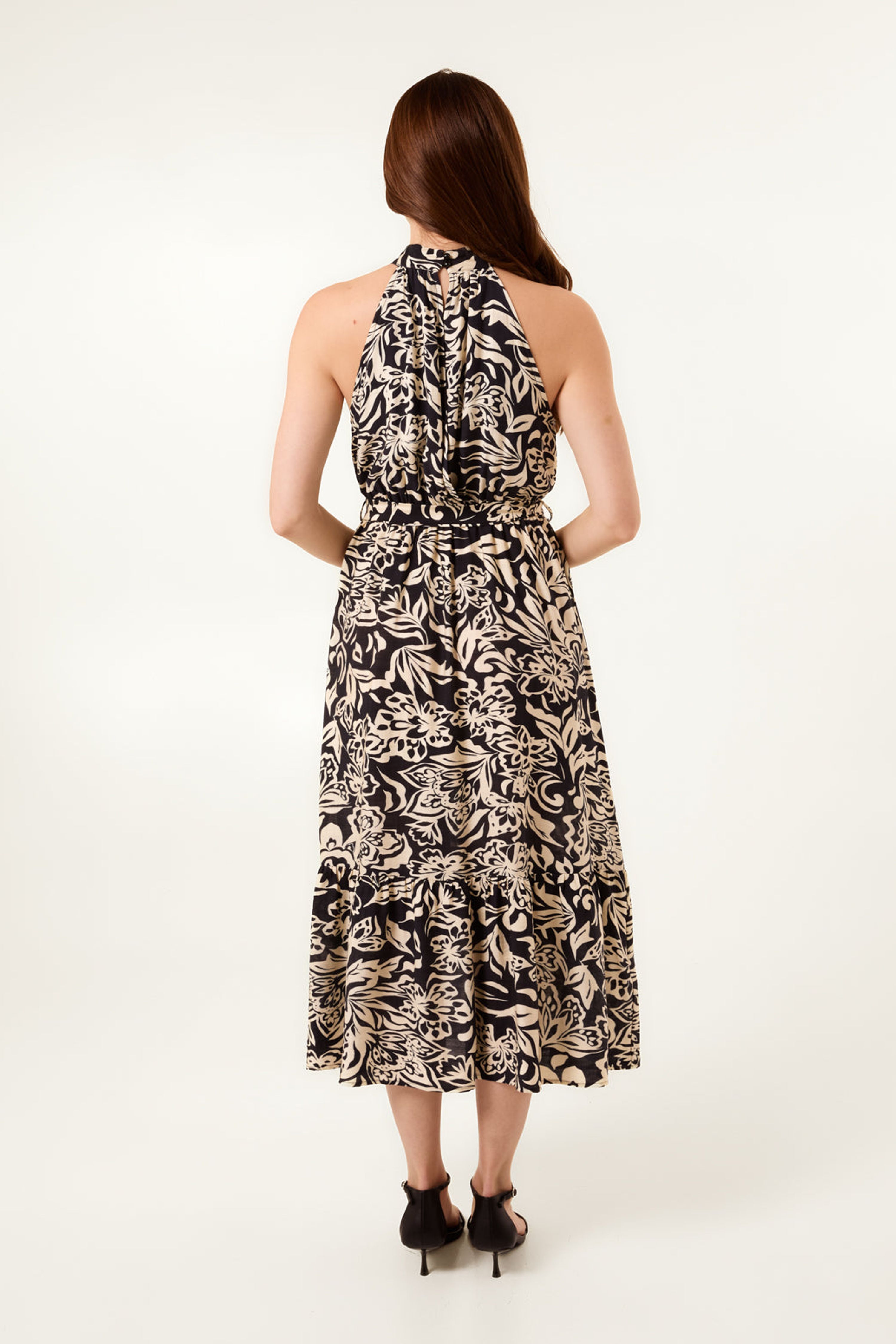 Blue Vanilla Navy Tropical Print Halter Neck Belted Waist Midi Dress