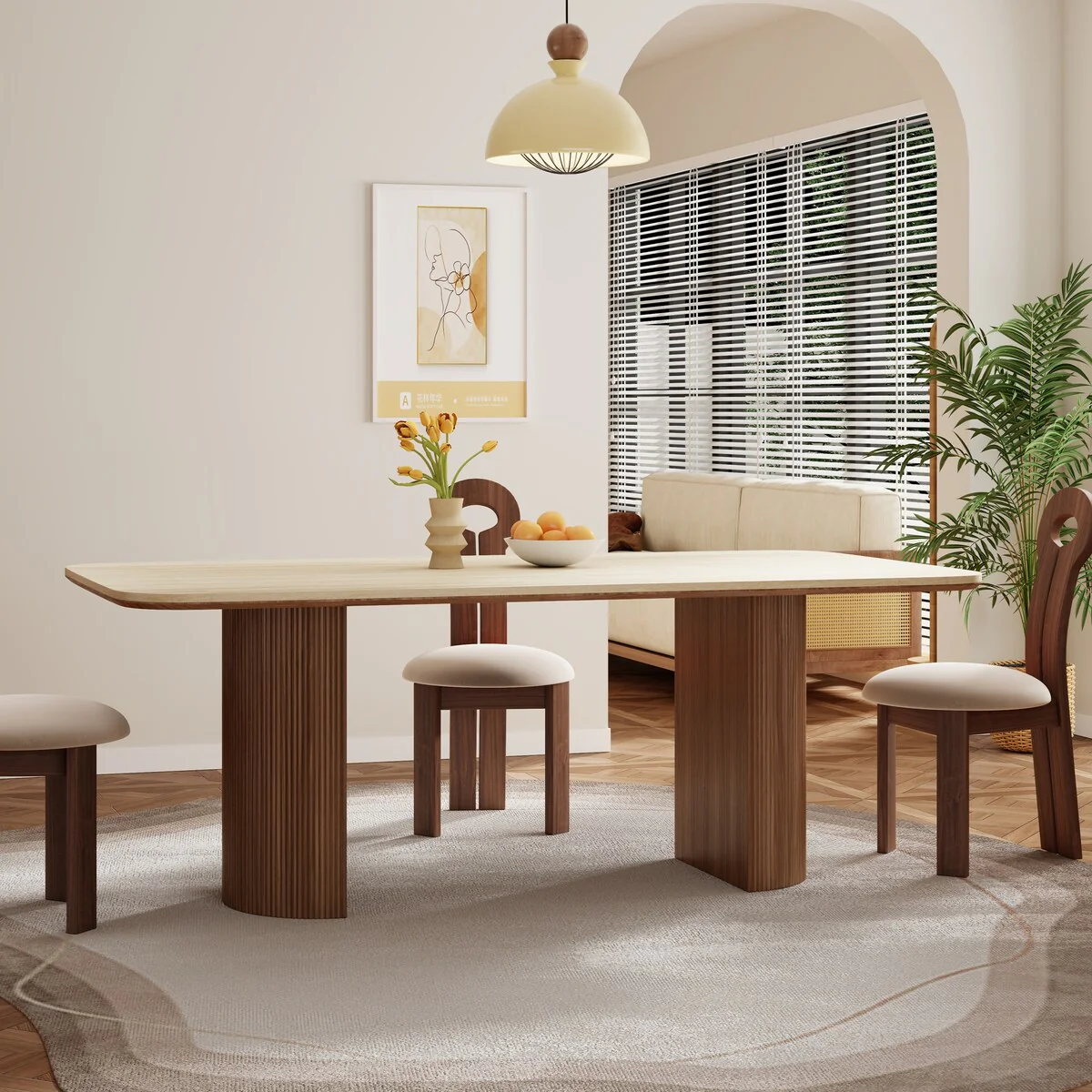 71 Mid-Century Wood Dining Table, Matte Stone Tabletop - 70.87