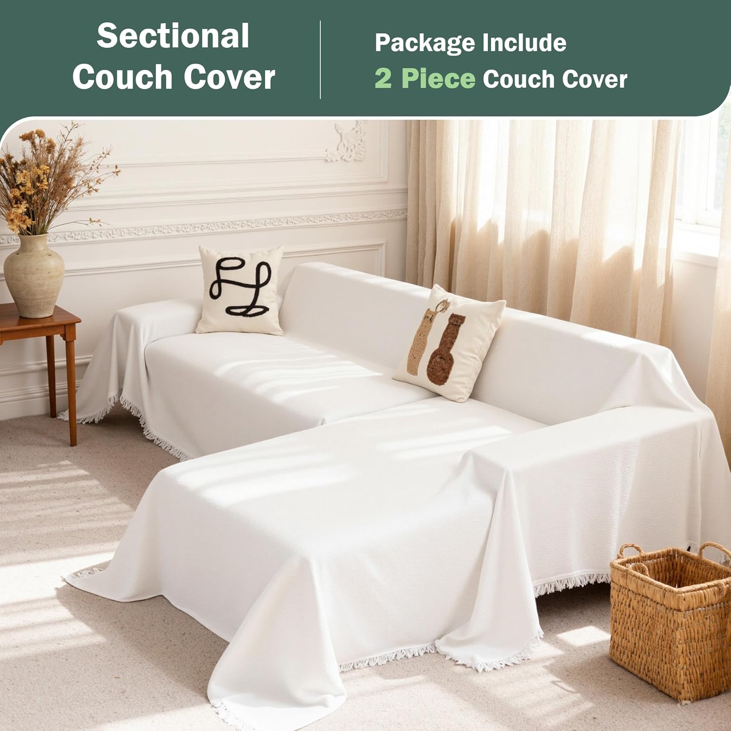 MEETSKY L Shaped Sectional Couch Covers, 2 Pieces Chenille Washable White Sofa Covers, Furniture Protector Sofa Throw Cove for Pets, Sofa Slipcover for 3-4 Cushion Couch (XX-Large, 71x118+91x134)