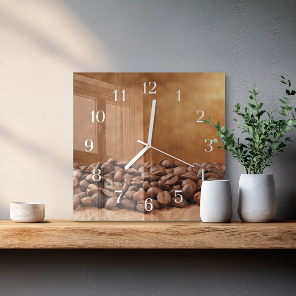 Zegar na szkle 30x30 Ziarna Kawy nowoczesny na ścianę