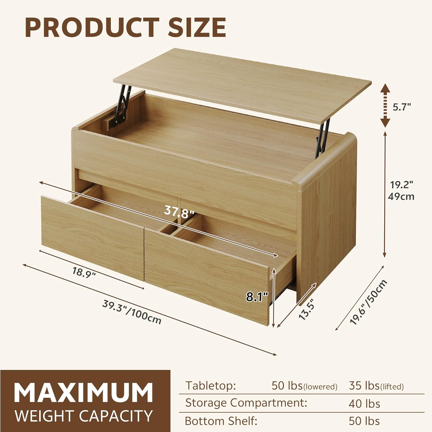 Coffee Table Lift Top with 2 Drawers, 40 Inch Multi-Function Coffee Table with Hidden Compartment, Curved Profile Design, Converts to Home Office Table for Living Room, Natural