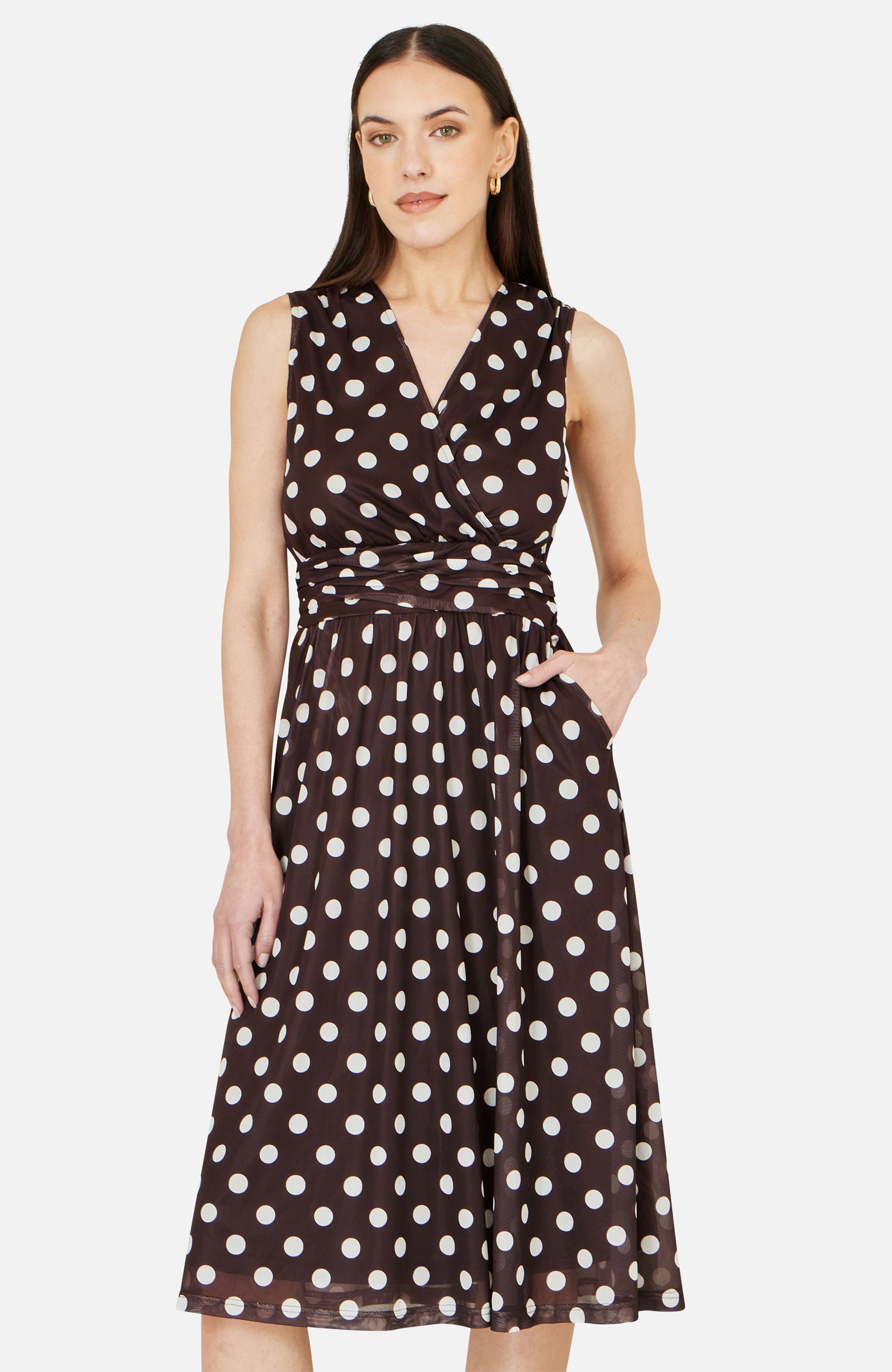 Yumi Brown Polka Dot Mesh Wrap Skater Dress With Pockets