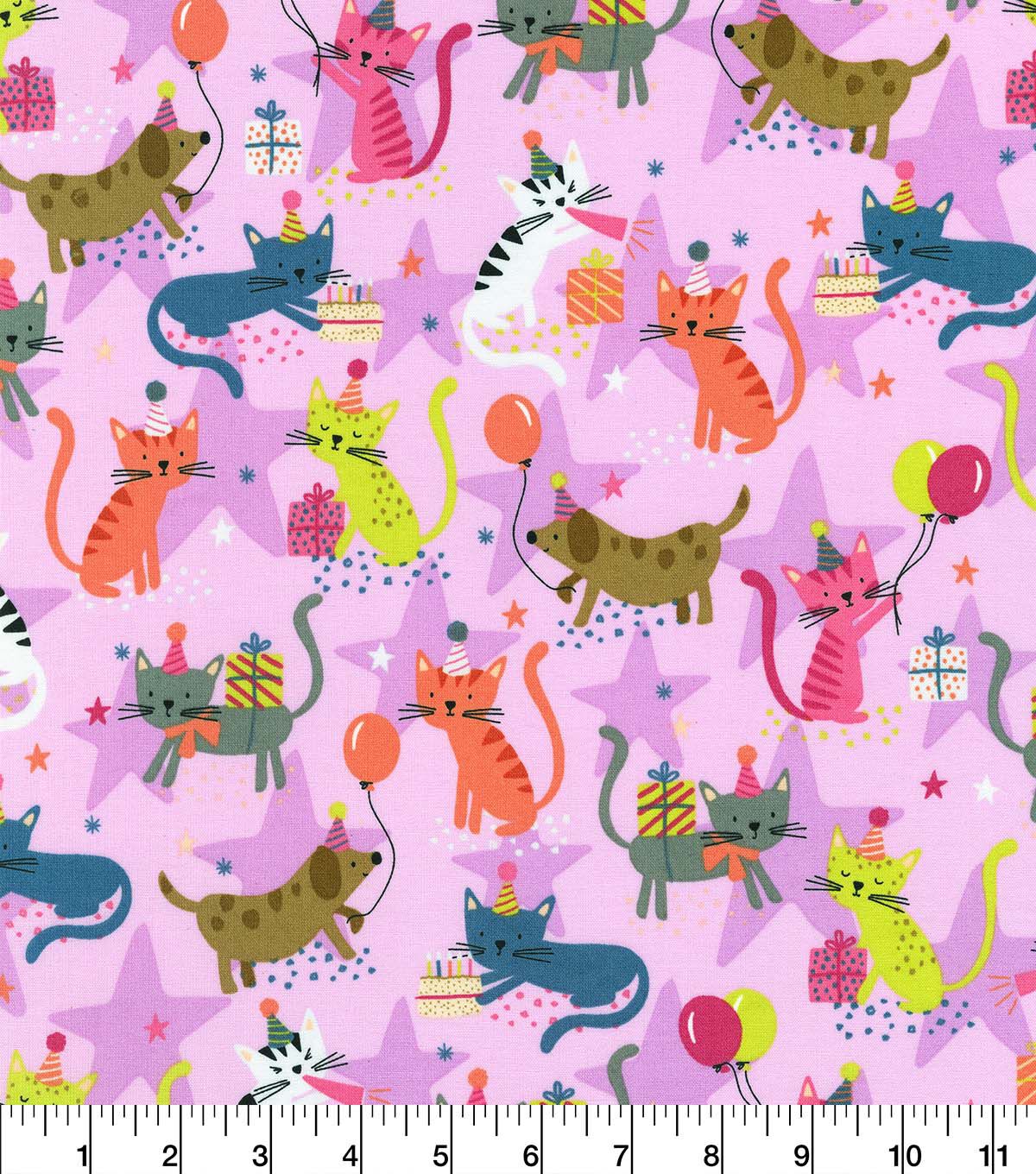 Robert Kaufman Meow Party on Pink Novelty Cotton Fabric