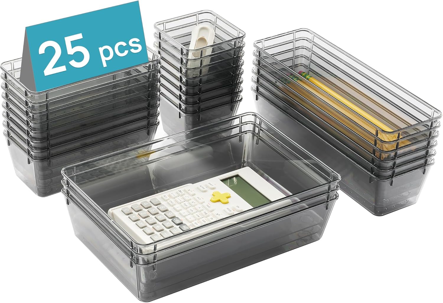 Vtopmart 25 PCS Office Desk Drawer Organizers Set, 4-Size Versatile Plastic Drawer Organizer Trays, Storage Bins for Desk Accessories Office Organizers and Storage, Bathroom, Makeup, Vanity