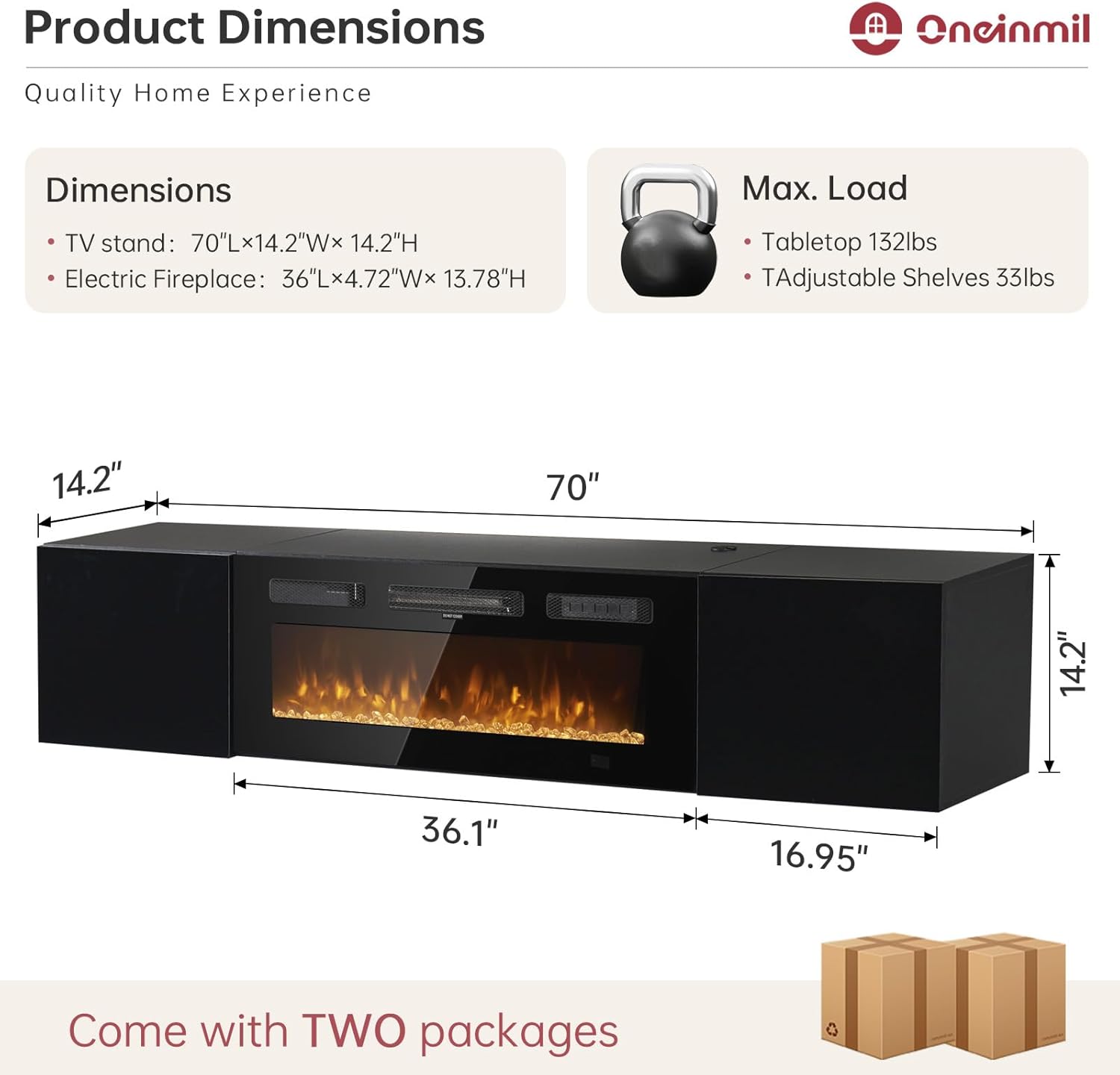 oneinmil 70 Floating TV Stand with 36 Electric Fireplace, Wall Mounted Fireplace Entertainment Center with Storage, Fire Place TV Console for Living Room, All Black