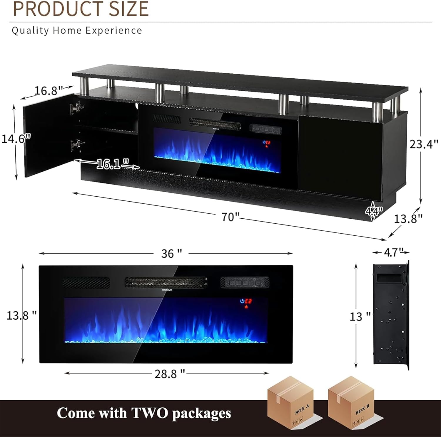 oneinmil 2 Tier TV Console Stand with 36 Electric Fireplace, LED Light Entertainment Center for TVs Up to 80 for The Living Room, 70, Black