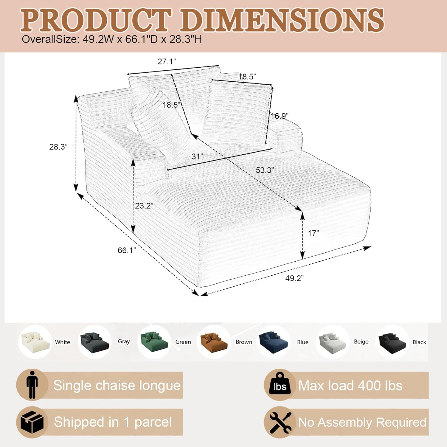 50 W Chaise Lounge Chair Indoor, Oversized Upholstered Corduroy Boneless Sofa Bed with 3 Pillows, Deep Seat Sleeper Reading Chair Cloud Couch for Living Room, No Assembly Required