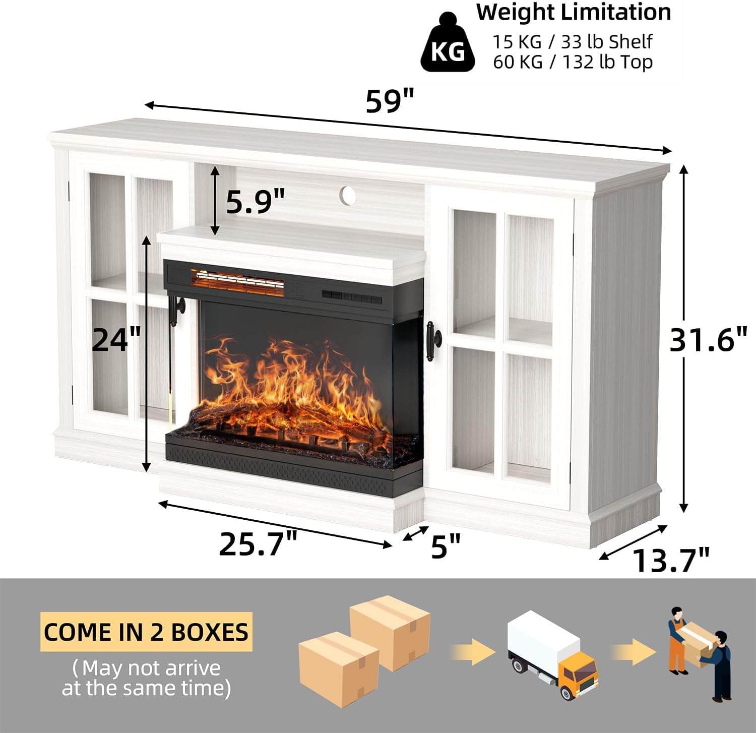 YESHOMY Glass Fireplace TV Stand for TVs up to 65 Inch, Media Entertainment Center with Storage, White Wash