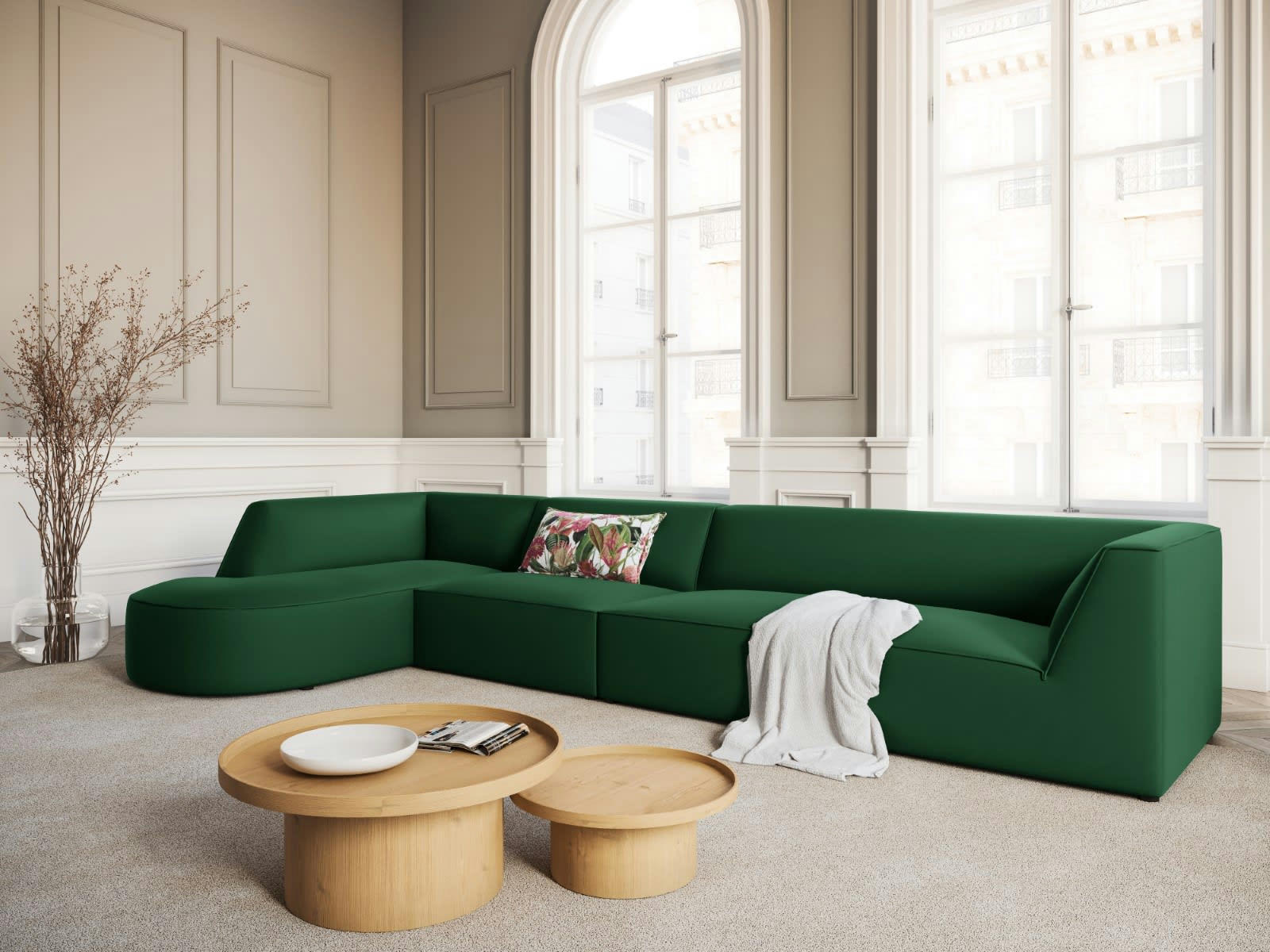 CHARLES - Canapé D'Angle Gauche 5 places en Velours Vert