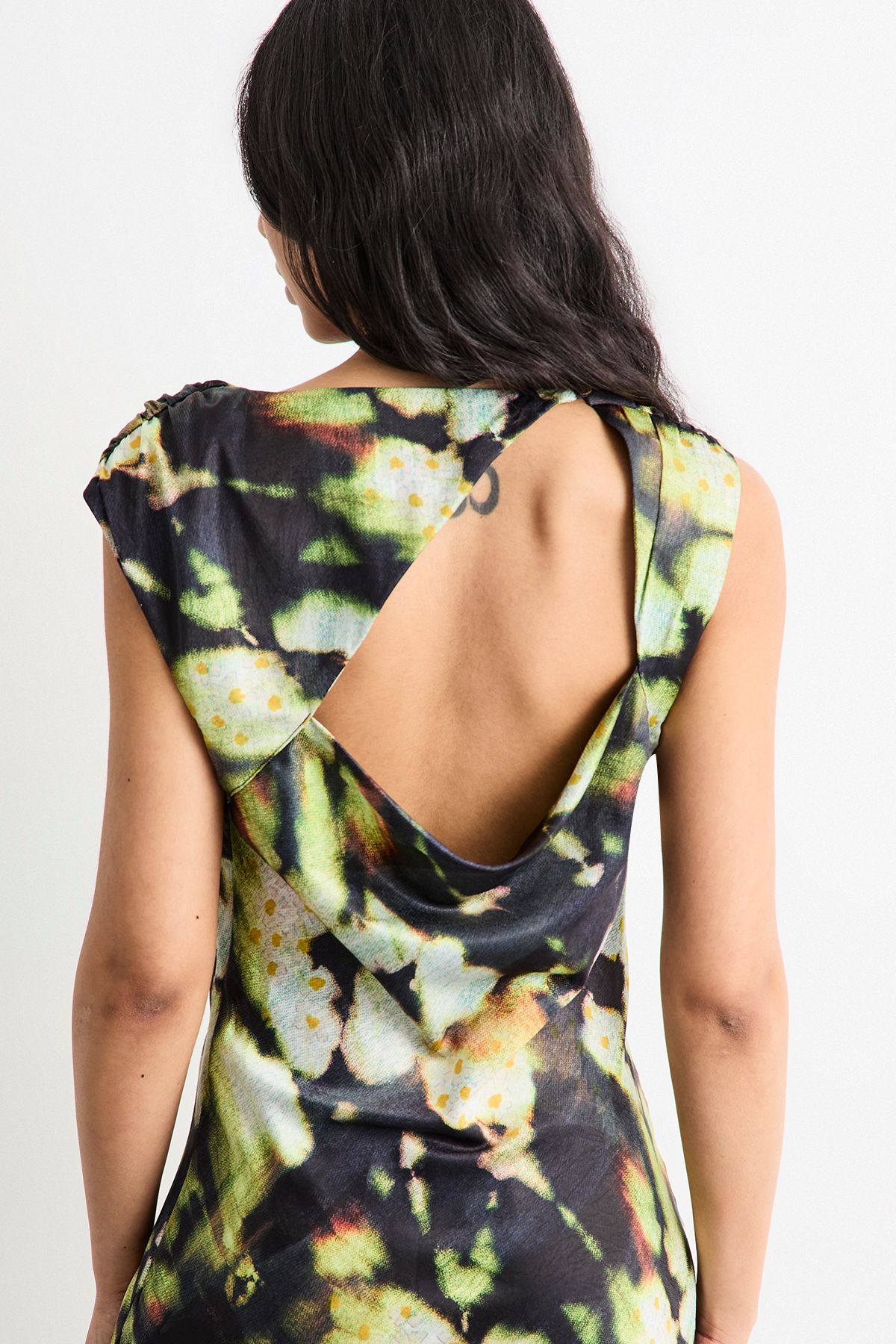 Warehouse Abstract Print Cowl Bias Satin Dress With Button Detail