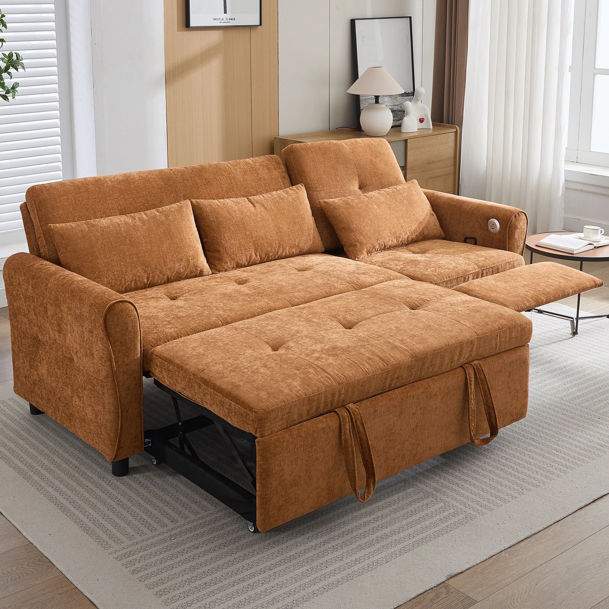 2-in-1 Chenille Sleeper Sofa, Living Room 3 Seater Sofa with a Reversible Recliner Sofa