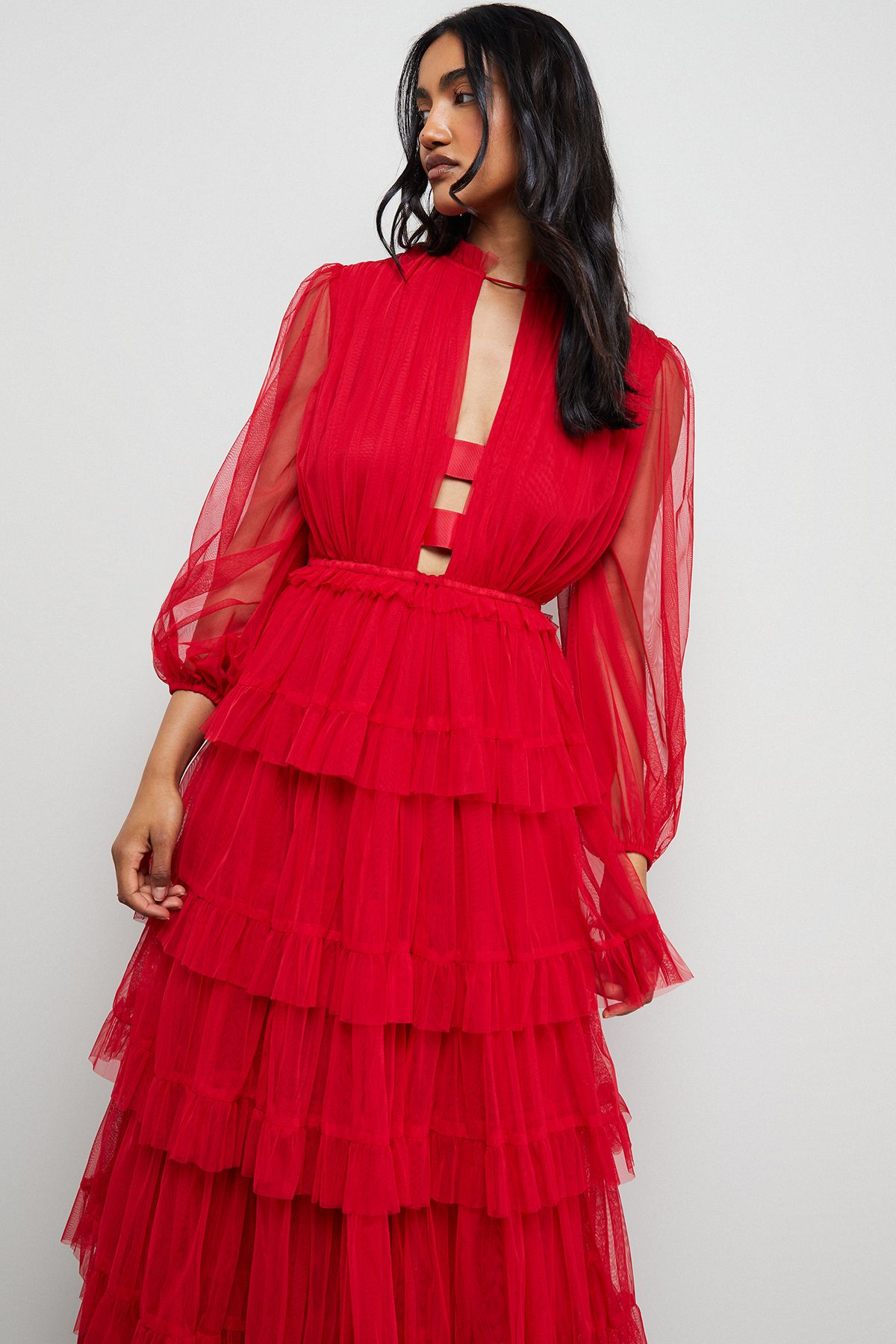 Warehouse Ruffle Neck Tulle Maxi Dress