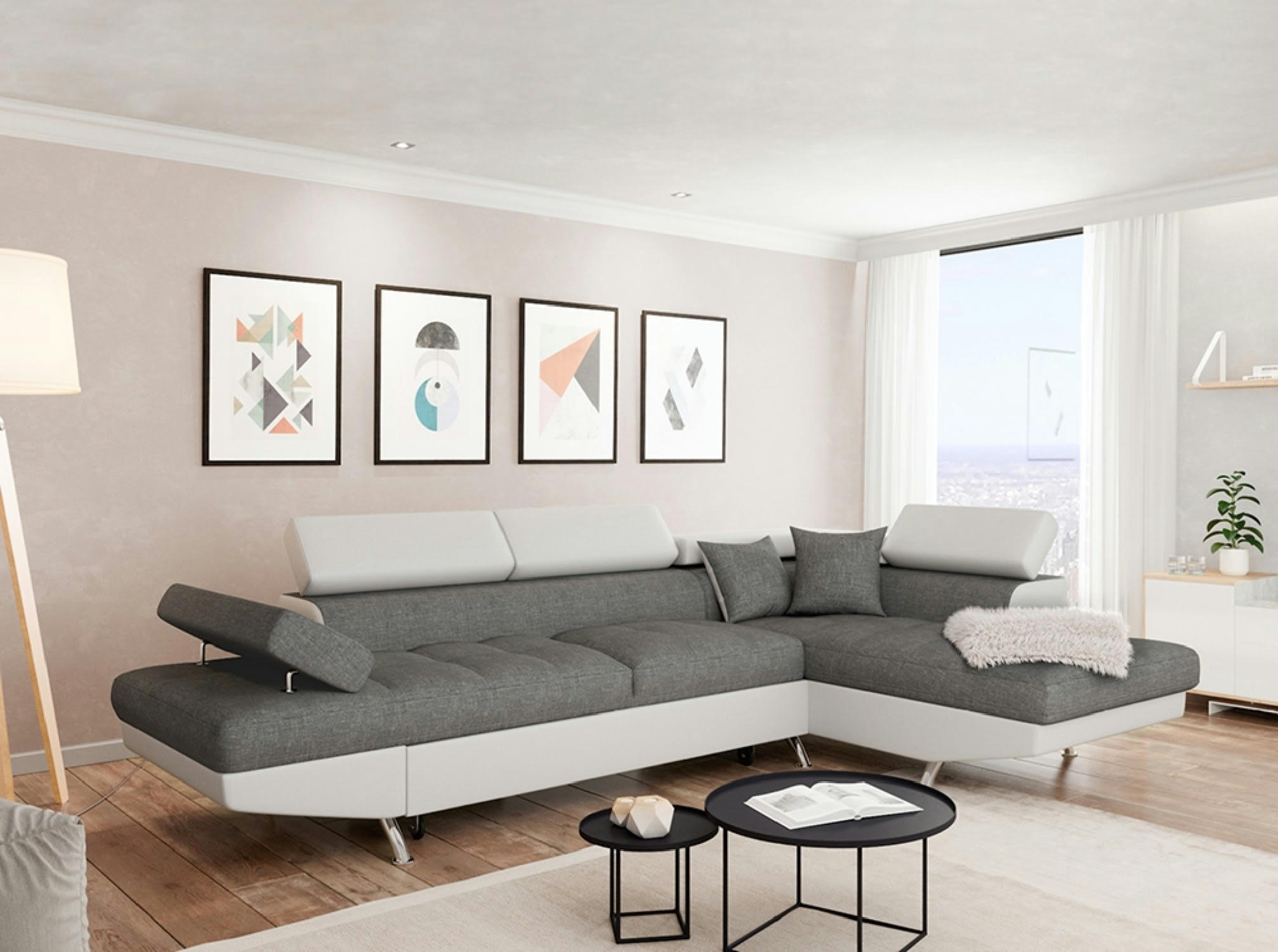 RIO - Canapé d'angle droit convertible avec coffre bi-matière blanc/gris