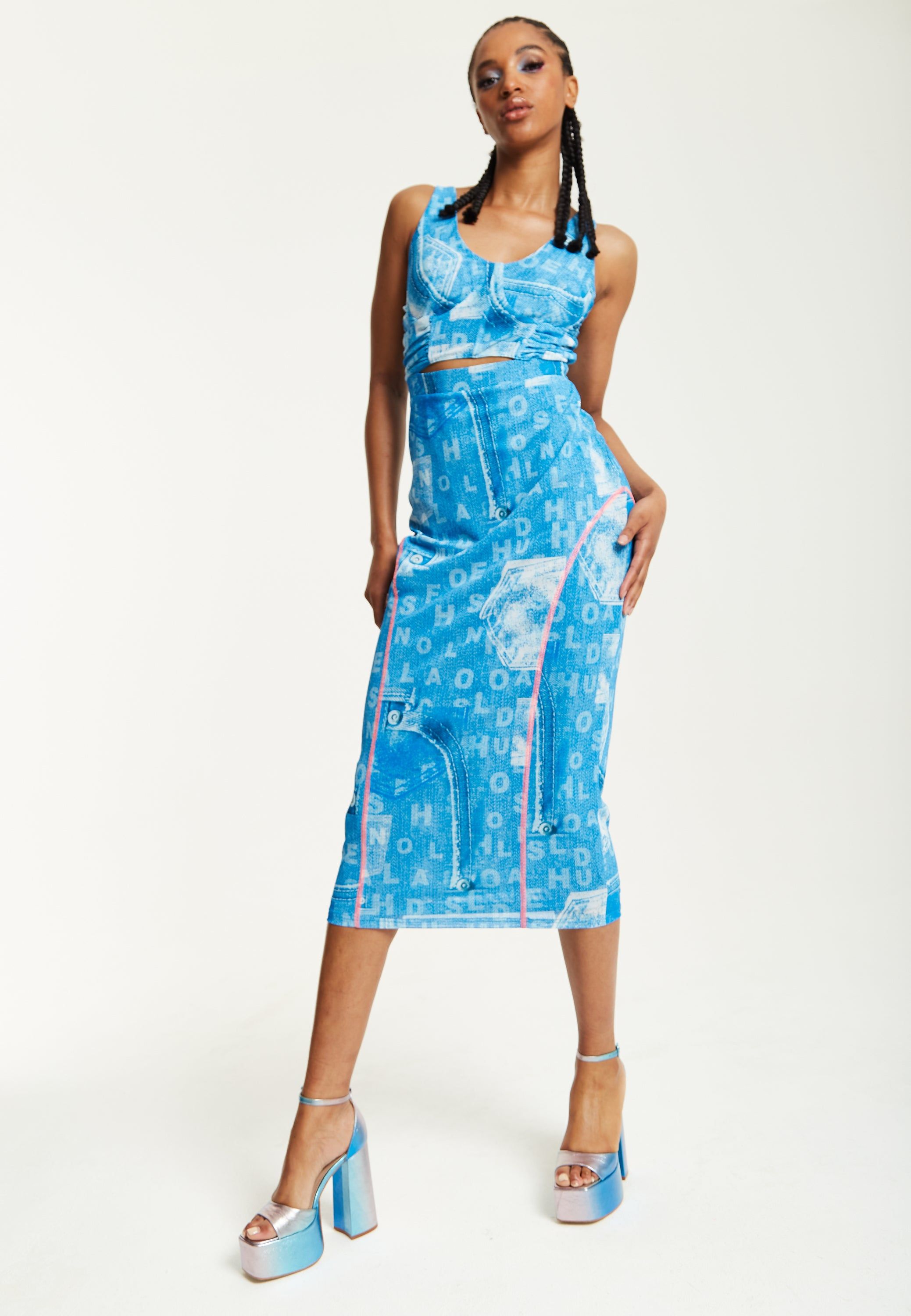 House of Holland Denim Print Midi Dress With Cut Out