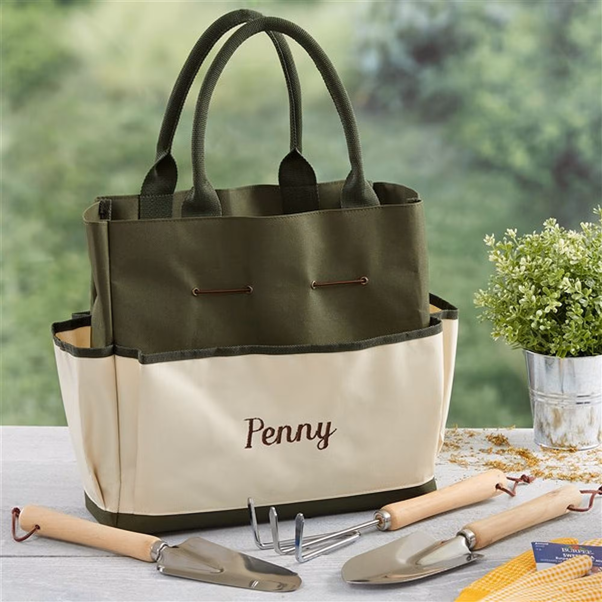 Personalized Garden Tote with Tools – Custom Name Gardening Bag Set – Embroidered Gardening Gifts for Mom – Canvas Tote with Hand Tools