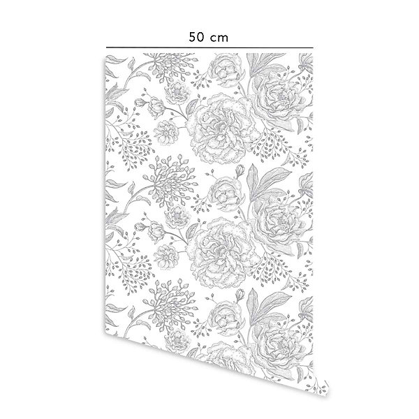 Papier peint adhésif fleurs blanc et gris en vinyle lavable et amovible - 1 rouleau 50x300 cm - Decochic
