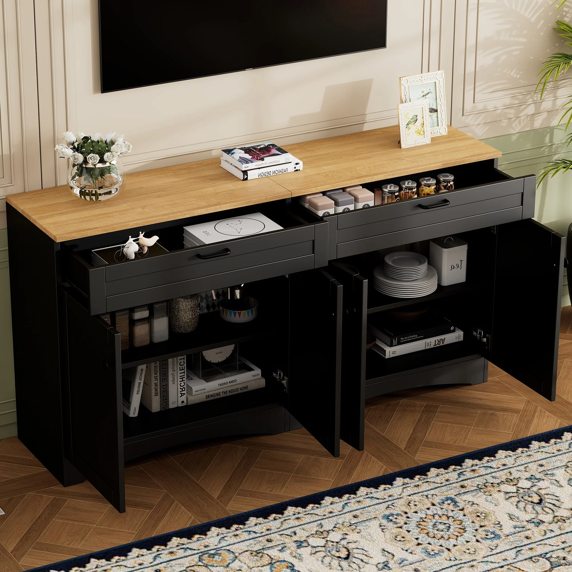 62.9-Inch Rustic Farmhouse TV Stand with 2 Drawers and Adjustable Shelves, Versatile Sideboard