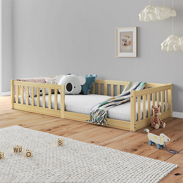 Lit enfant GUSTAVO avec sommier type Montessori 90x190 cm en bois massif - Naturel