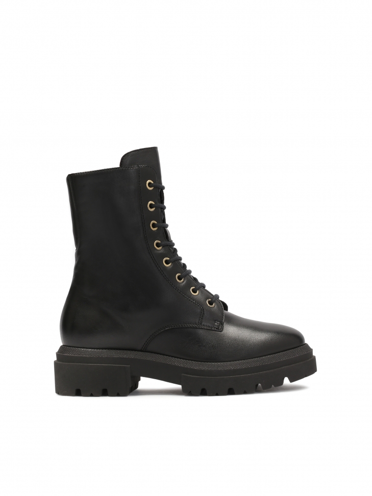 Insulated leather flat ankle boots with lacing and zipper