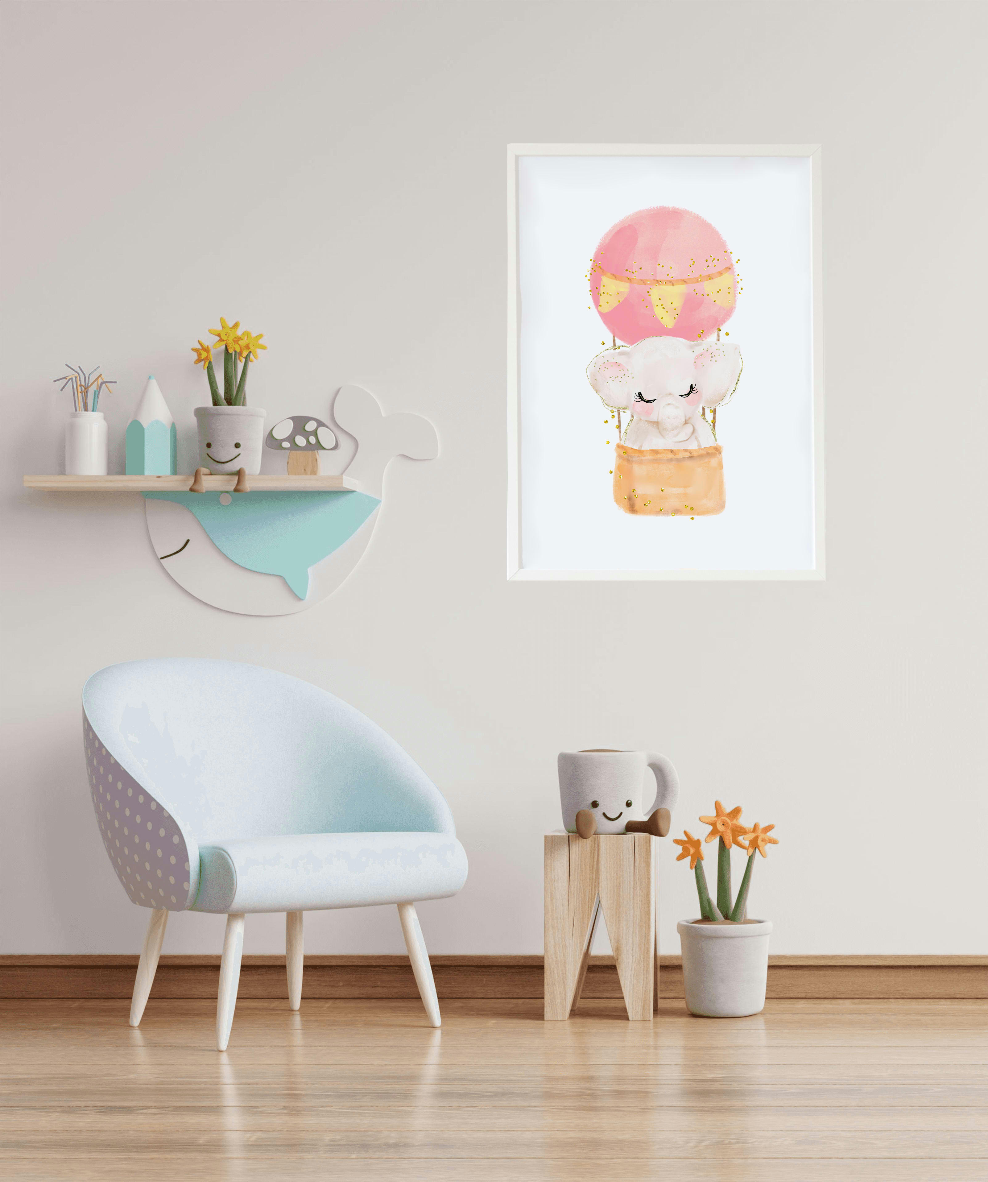 DECOWALL - Pack encadré bois blanc impression le éléphant ballon 43X33 cm