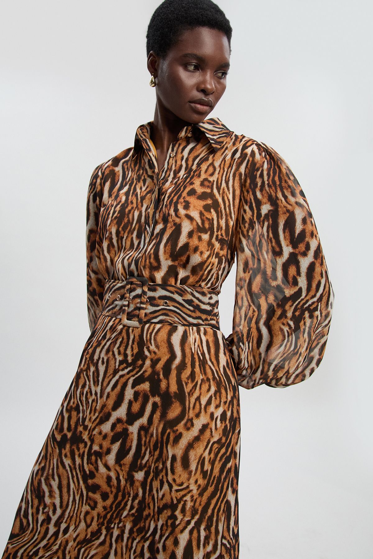 KarenMillen Petite Animal Print Georgette Belted Woven Shirt Dress