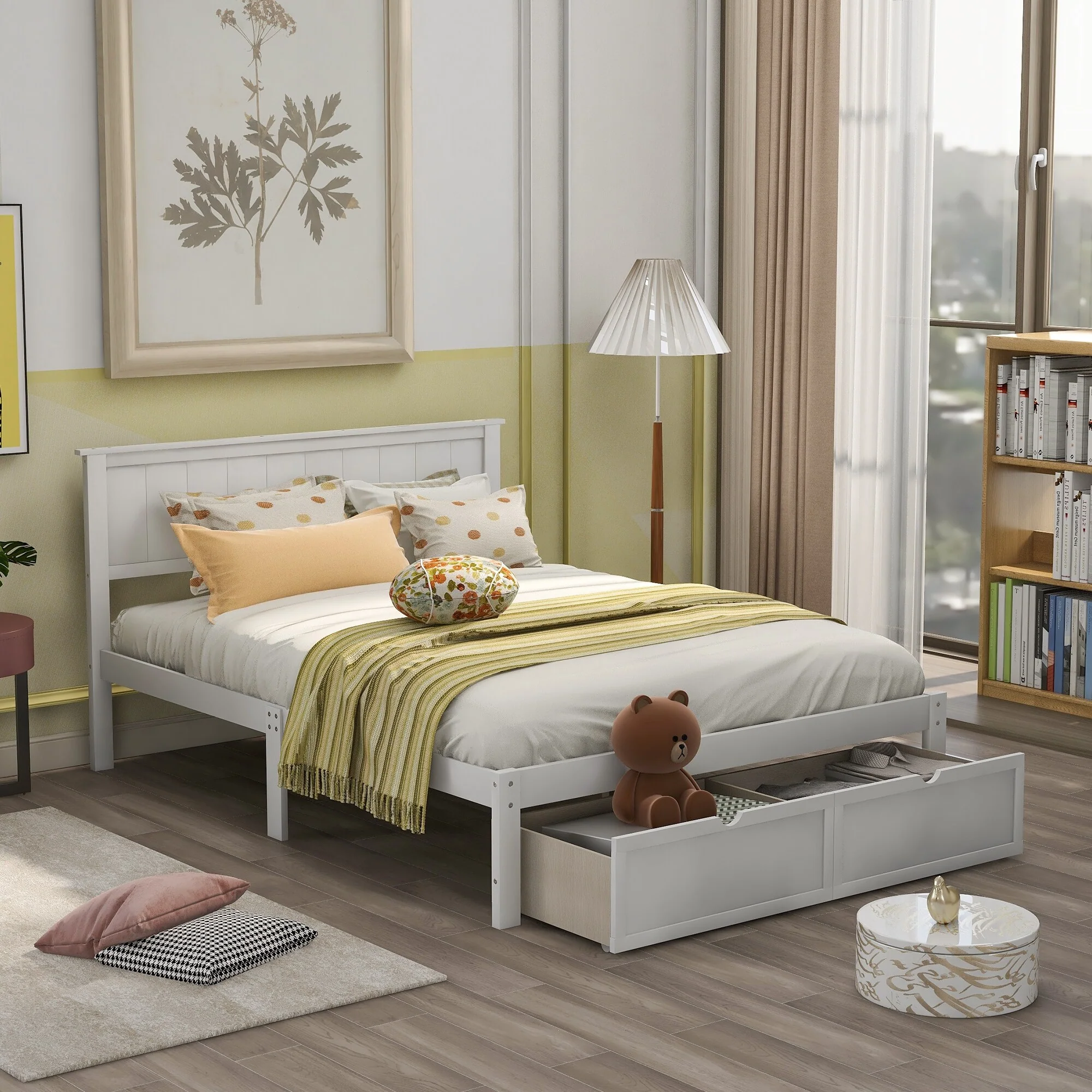 Modern Full Platform Bed with Storage Drawers, Solid Wood Frame, Gray
