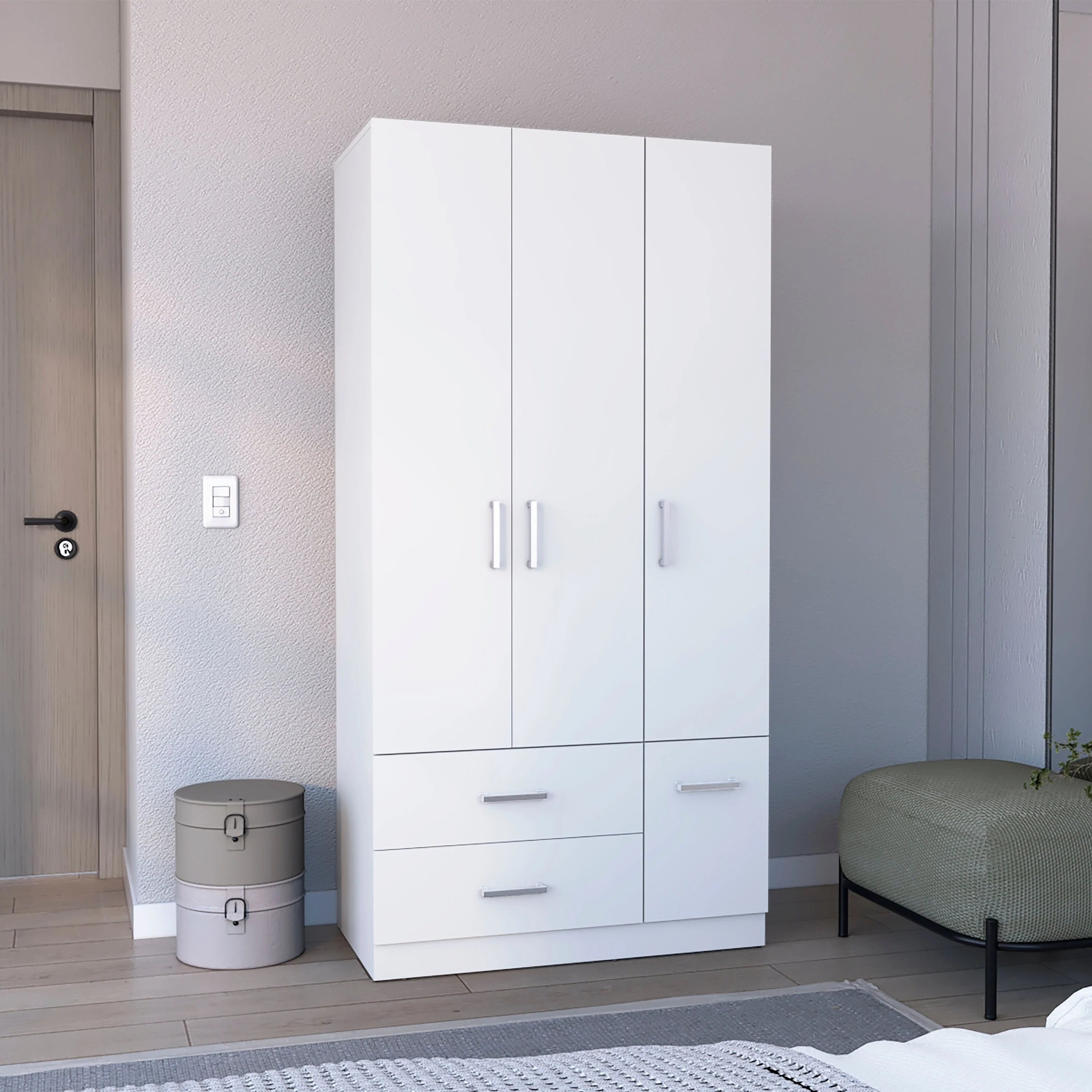 18.7 Modern Four-door Armoire with Hanging Rod, Two Drawers and 6 Shelves