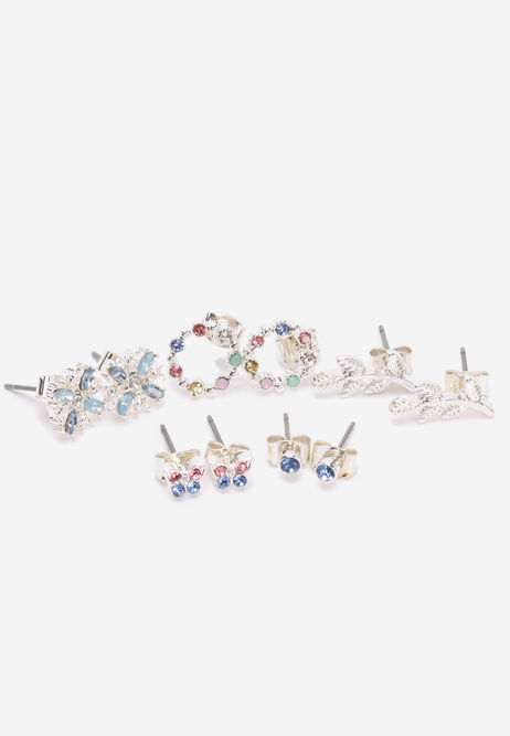 Silver 5pk Multi Gem Leaf Stud Earrings